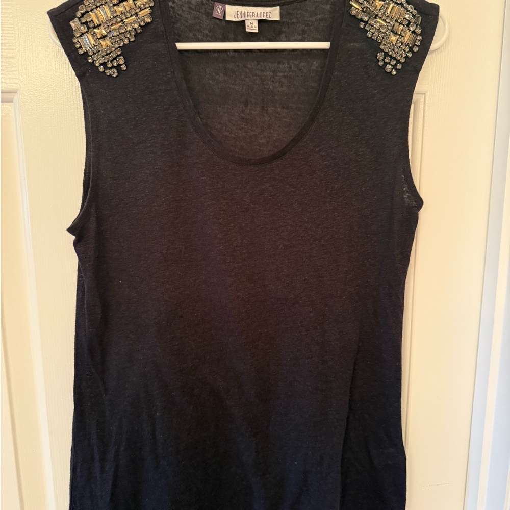 Jennifer Lopez Black Tank with Embellished Shoulders